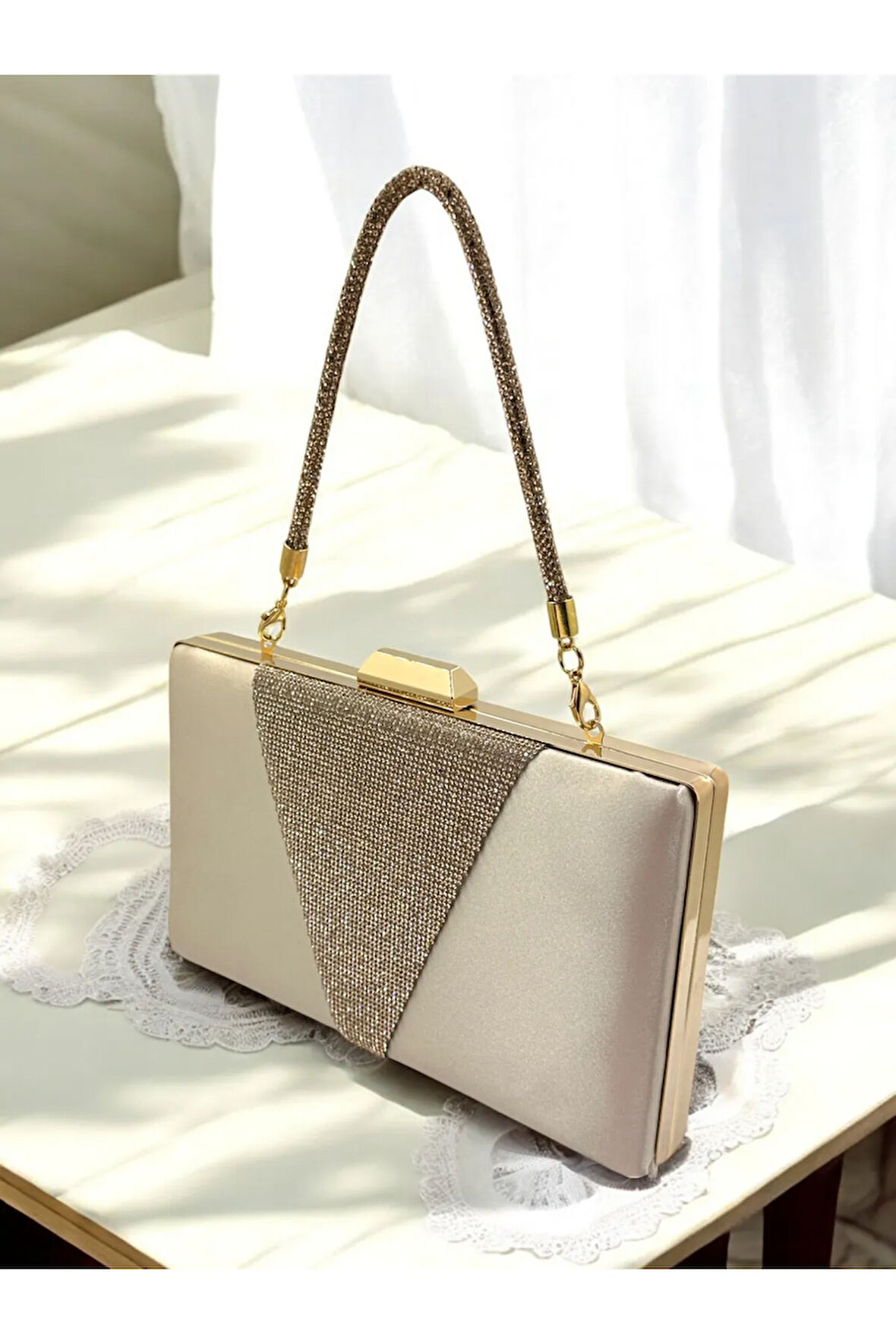 Ten Renk Saten Rose - Gold Renk Kristal Taşlı Saplı Kadın Abiye Çanta Düğün Mezuniyet Nişan