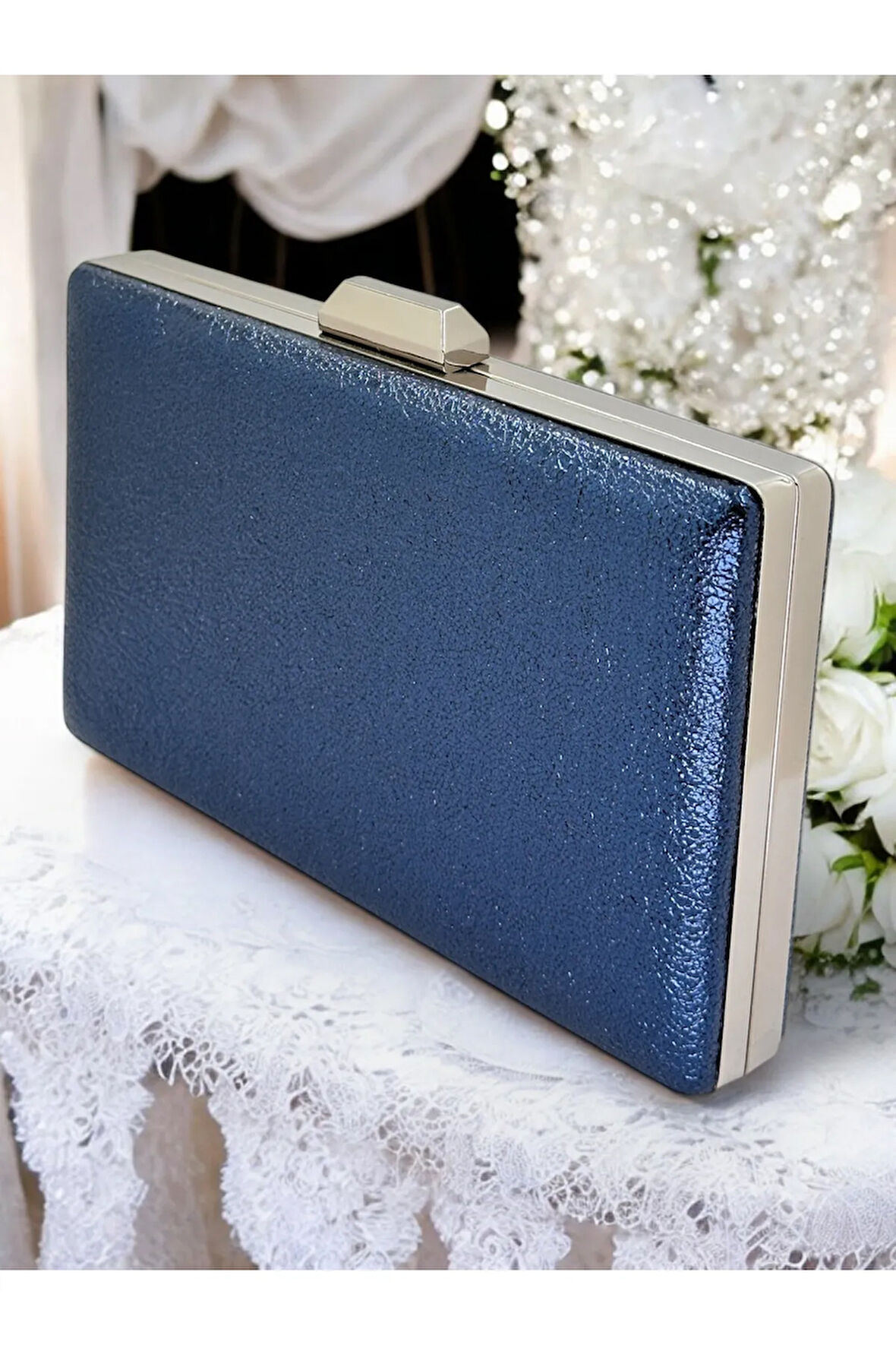 Platin Kristal Desenli Mat Deri Metal Saplı Abiye Çanta Gece Çantası Kına Düğün Nişan Çantası