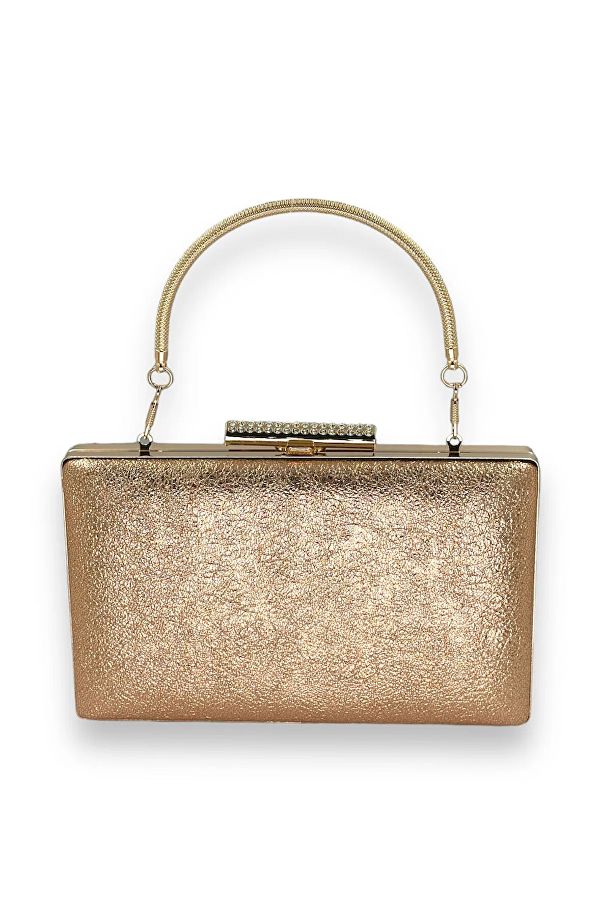 Kristal Desenli Rose Gold Mat Deri Metal Saplı Abiye Çanta Gece Çantası Kına Düğün Nişan Çantası