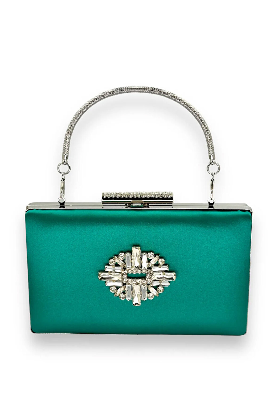 Yeşil Renk Saplı Saten Kristal Taşlı Abiye Çanta Gece Çantası Kına Gelin Mezuniyet Çantası Clutch