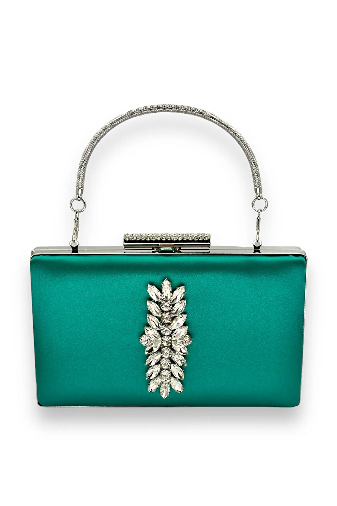 Yeşil Renk Saplı Saten Kristal Taşlı Abiye Çanta Gece Çantası Kına Gelin Mezuniyet Çantası Clutch