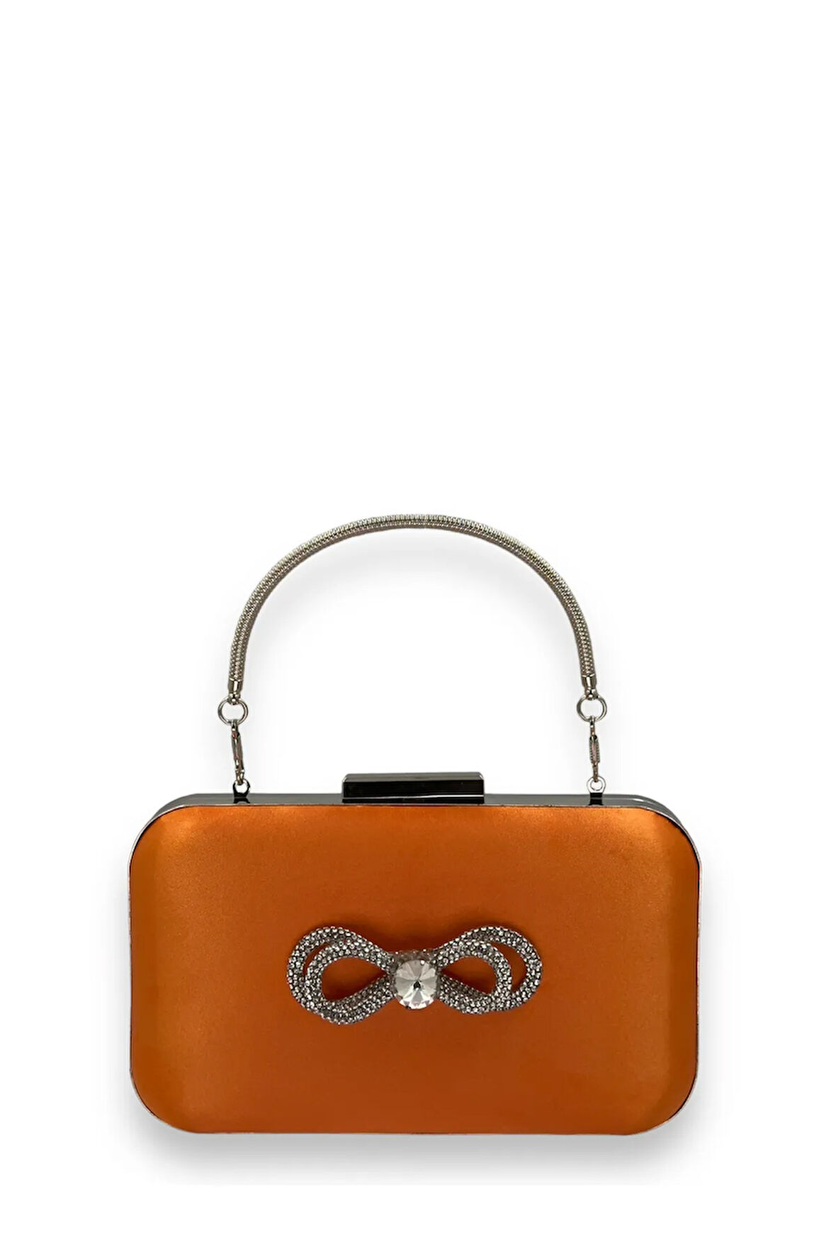 Turuncu Renk Saten Gümüş Kasalı Saplı Kulplu Gümüş Taşlı Abiye Gece Çantası Düğün Nişan Clutch