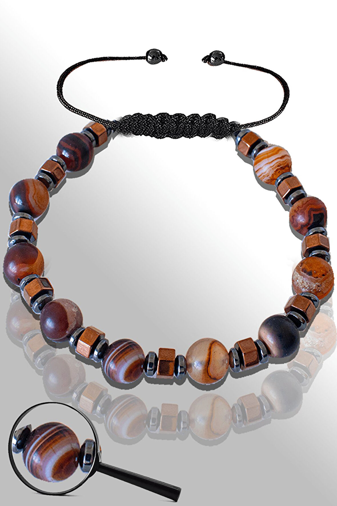 Sertifikalı Rose Hematitli Doğal Ham Kızıl - Siyah Yemen Akik Taşı Bileklik