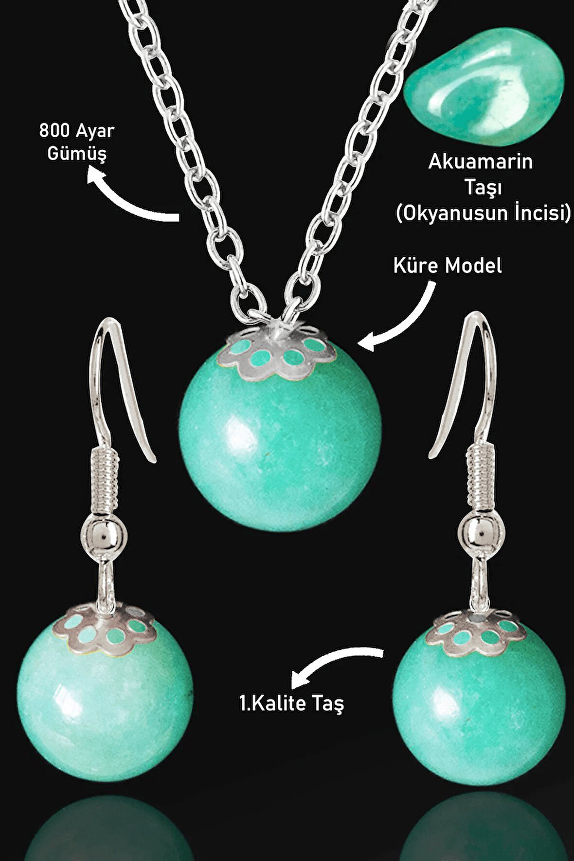 Sertifikalı Küre Model Akuamarin Taşı Kolye ve Küpe Seti - Gümüş Aparatlı