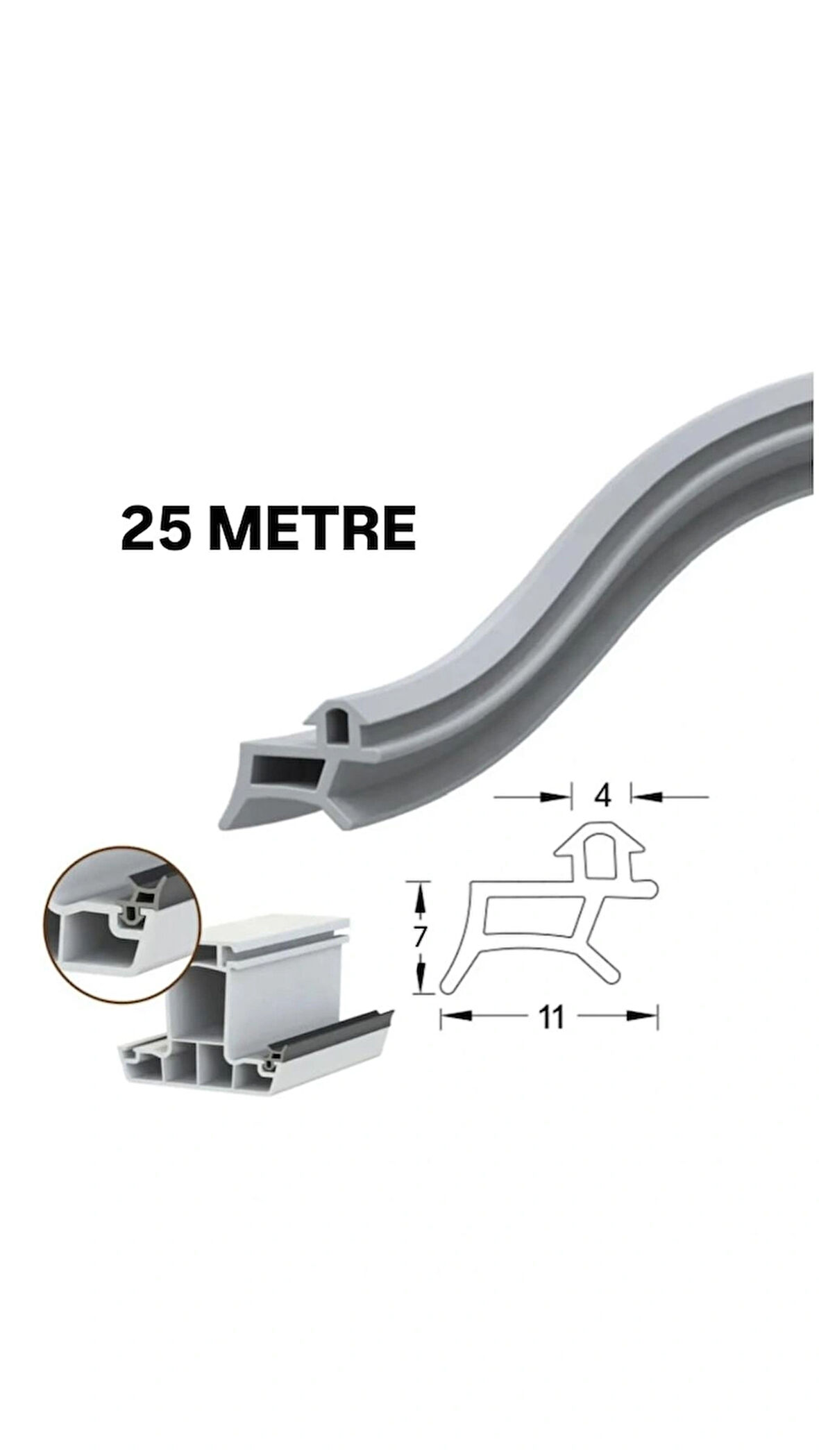 PVC kapı ve pencere fitili 25 metre gri conta