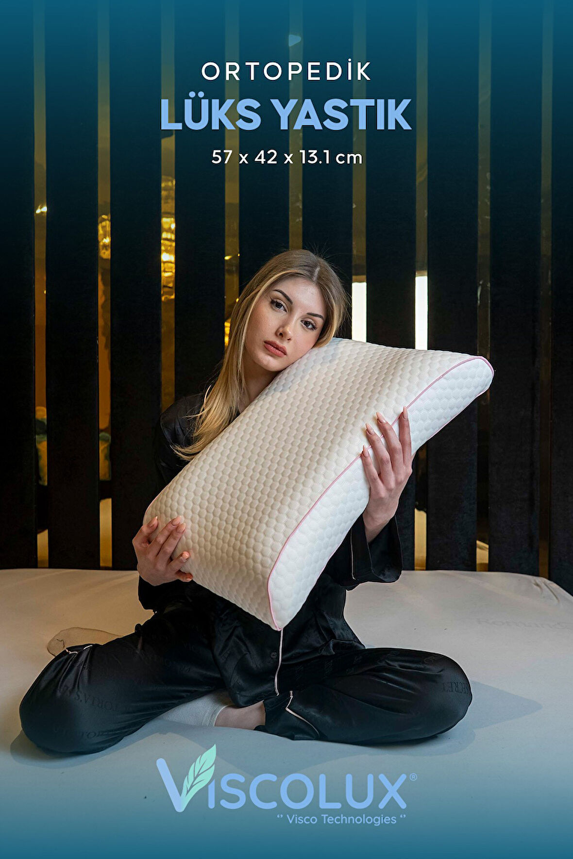 Bombeli Lüx Boyun Destekli Ortopedik Yastık; Anti-aging Visco Yastık Mavi 57x42x13/11