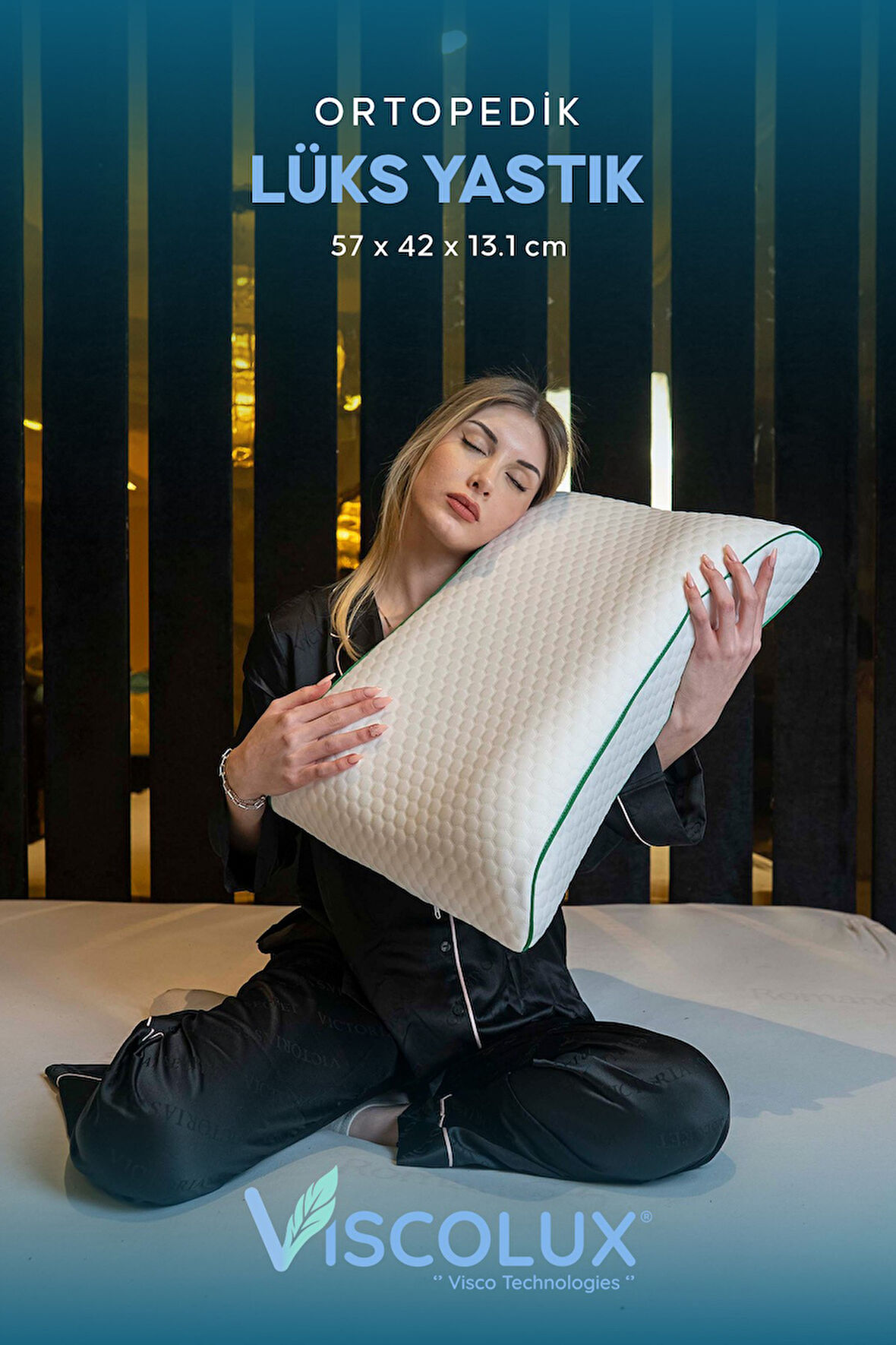 Bombeli Lüx Boyun Destekli Ortopedik Yastık; Anti-aging Visco Yastık Mavi 57x42x13/11