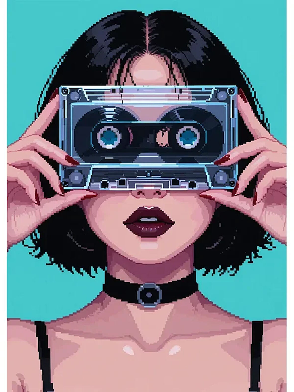 Bedeko Kadın ve Kaset Piksel Resim Ahşap Tablo