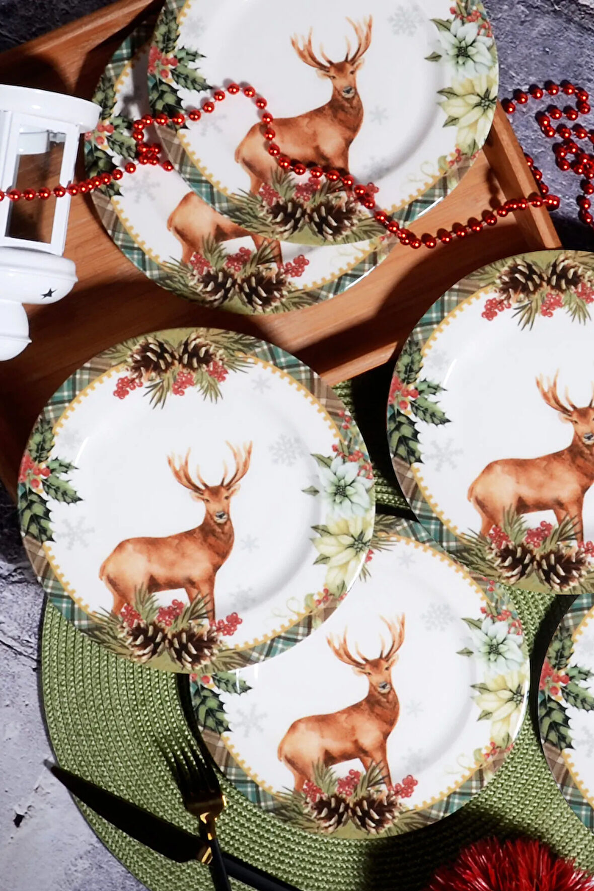 Yılbaşı Desen Özel Tasarım 6'lı Deer Rose Dijital Baskı Pasta Tabağı 20 Cm