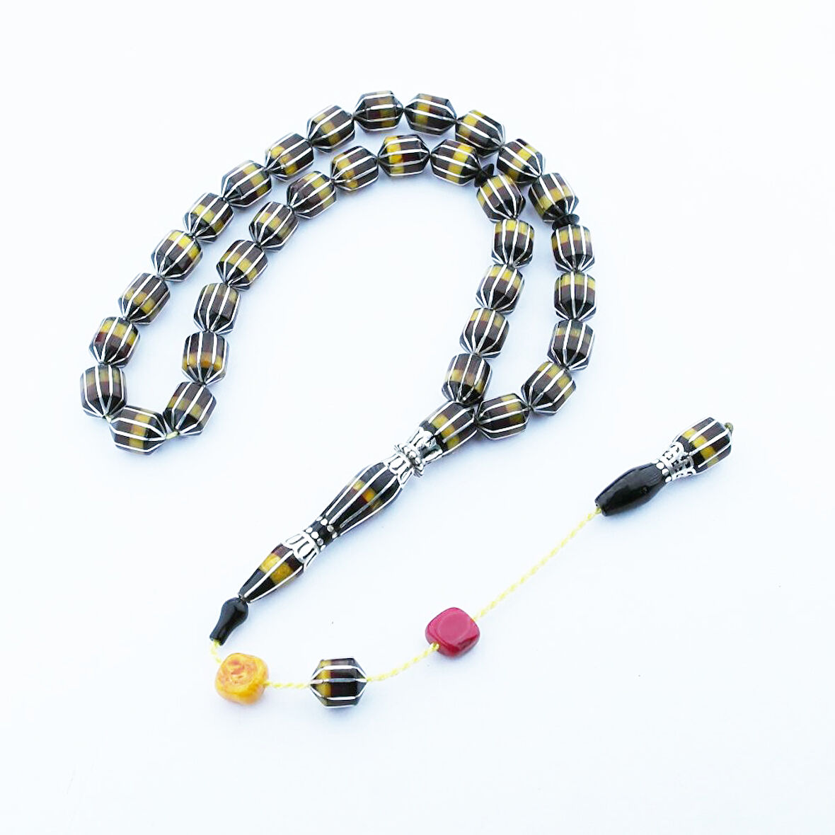 Tıraşlı Kesme 1000 Ayar Gümüş İşlemeli Oltu Taşı Ve Galalith  Karpuz Dilim İşlemeli Tespih