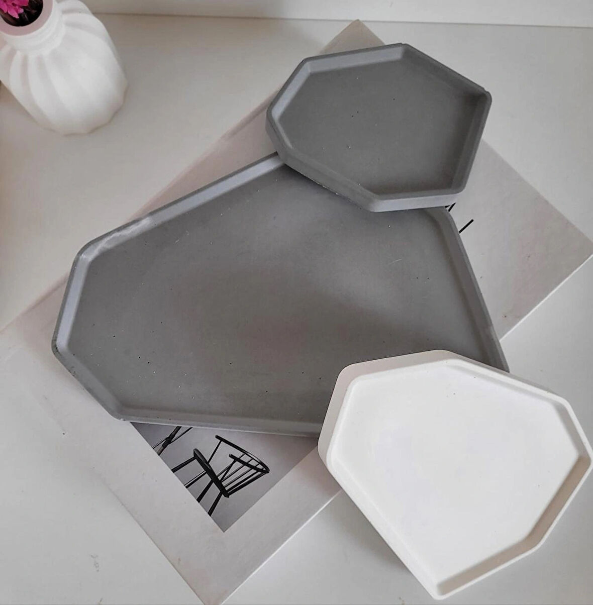 Beton Düezensiz Şekil 3 Lü Dekoratif Tabak Set Gri Beyaz