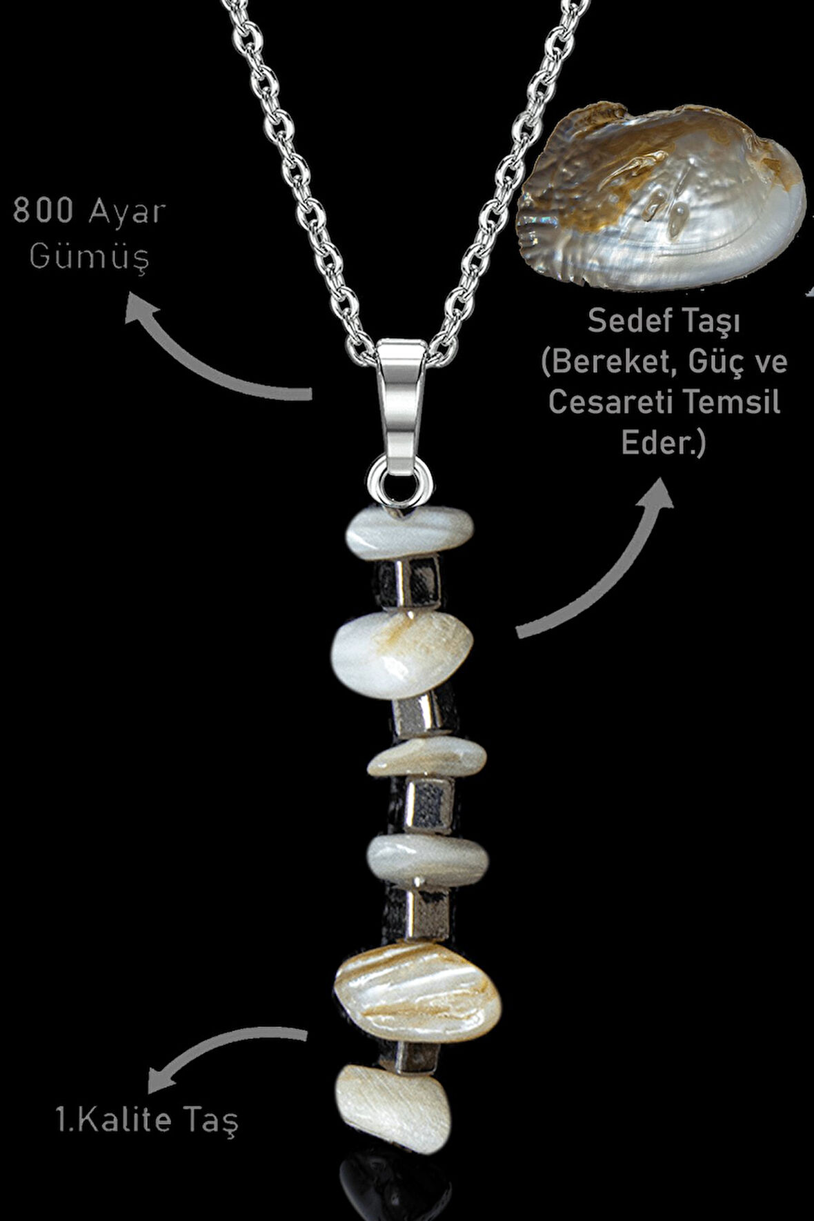 Sertifikalı Kırık Taşlı Model Sedef Taşı Kolye