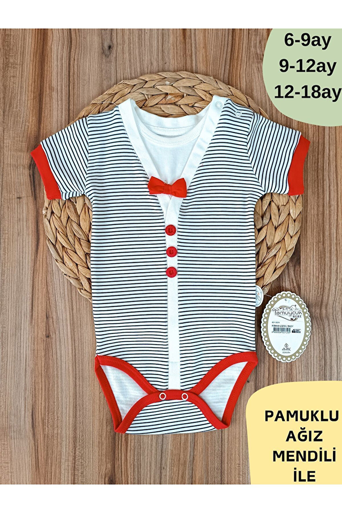 Kırmızı Erkek Bebek Body Çizgili Papyonlu Çıtçıtlı Kısa Kollu Şık Bebek Zıbın Yazlık %100 Pamuklu