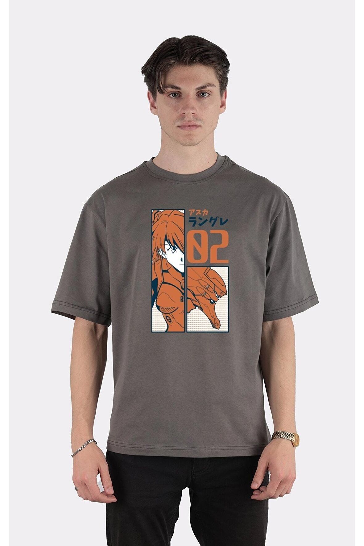 Füme %100 Pamuk Bisiklet Yaka Oversize T-shirt Asuka Langley Evangelion