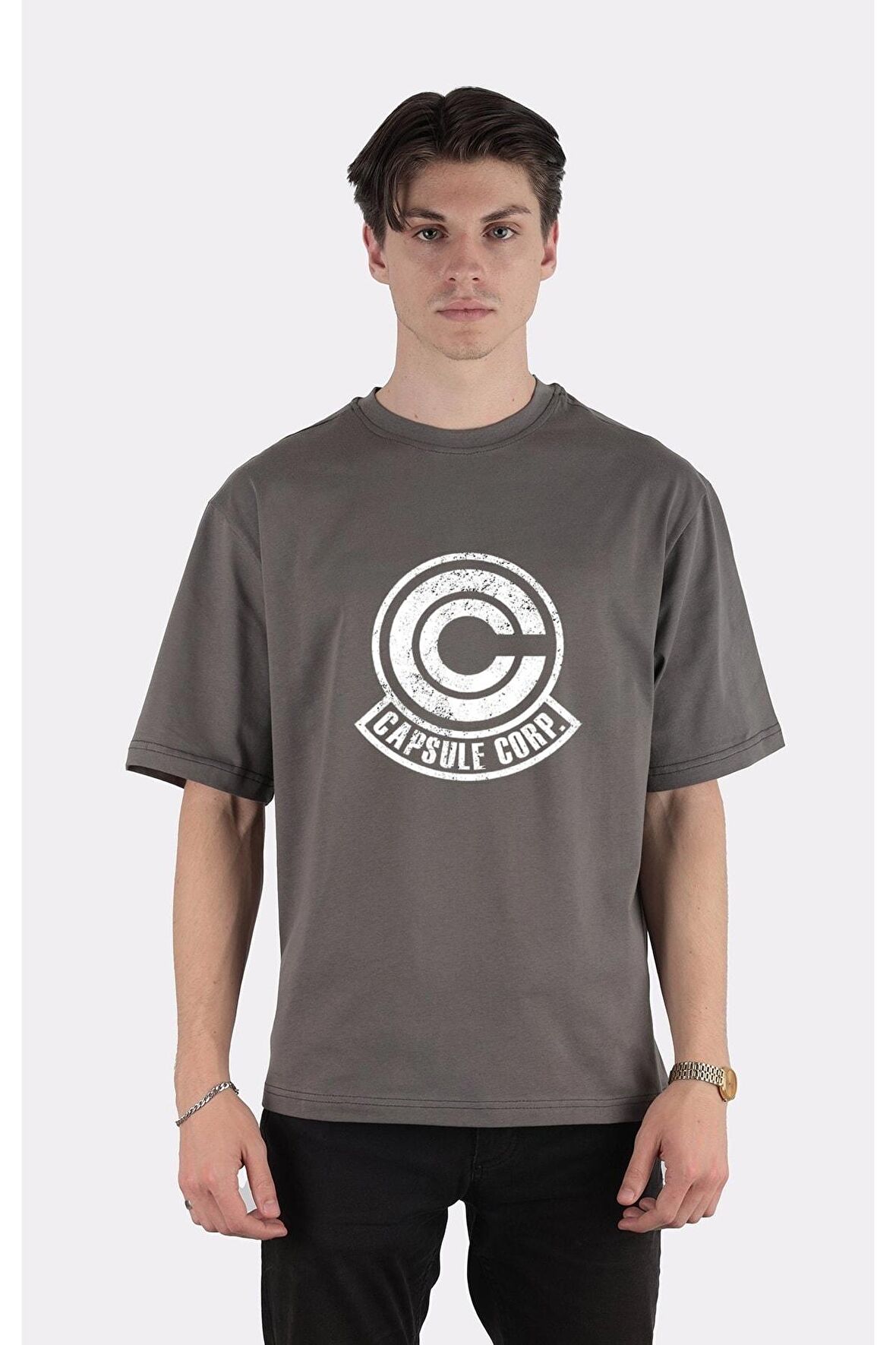 Füme %100 Pamuk Bisiklet Yaka Oversize T-shirt Capsule Corp
