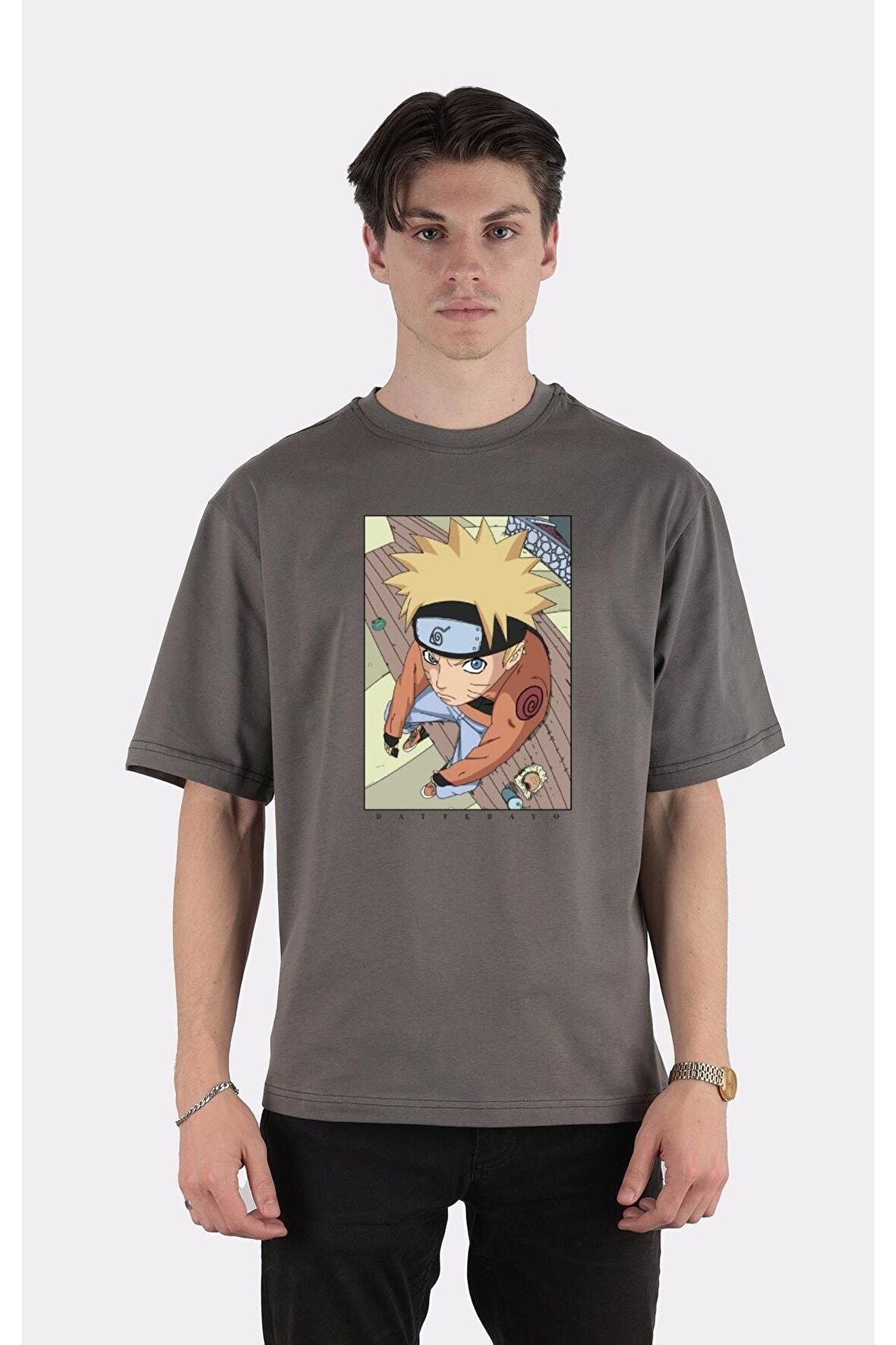 Füme %100 Pamuk Bisiklet Yaka Oversize T-shirt Da-tte-ba-yo!
