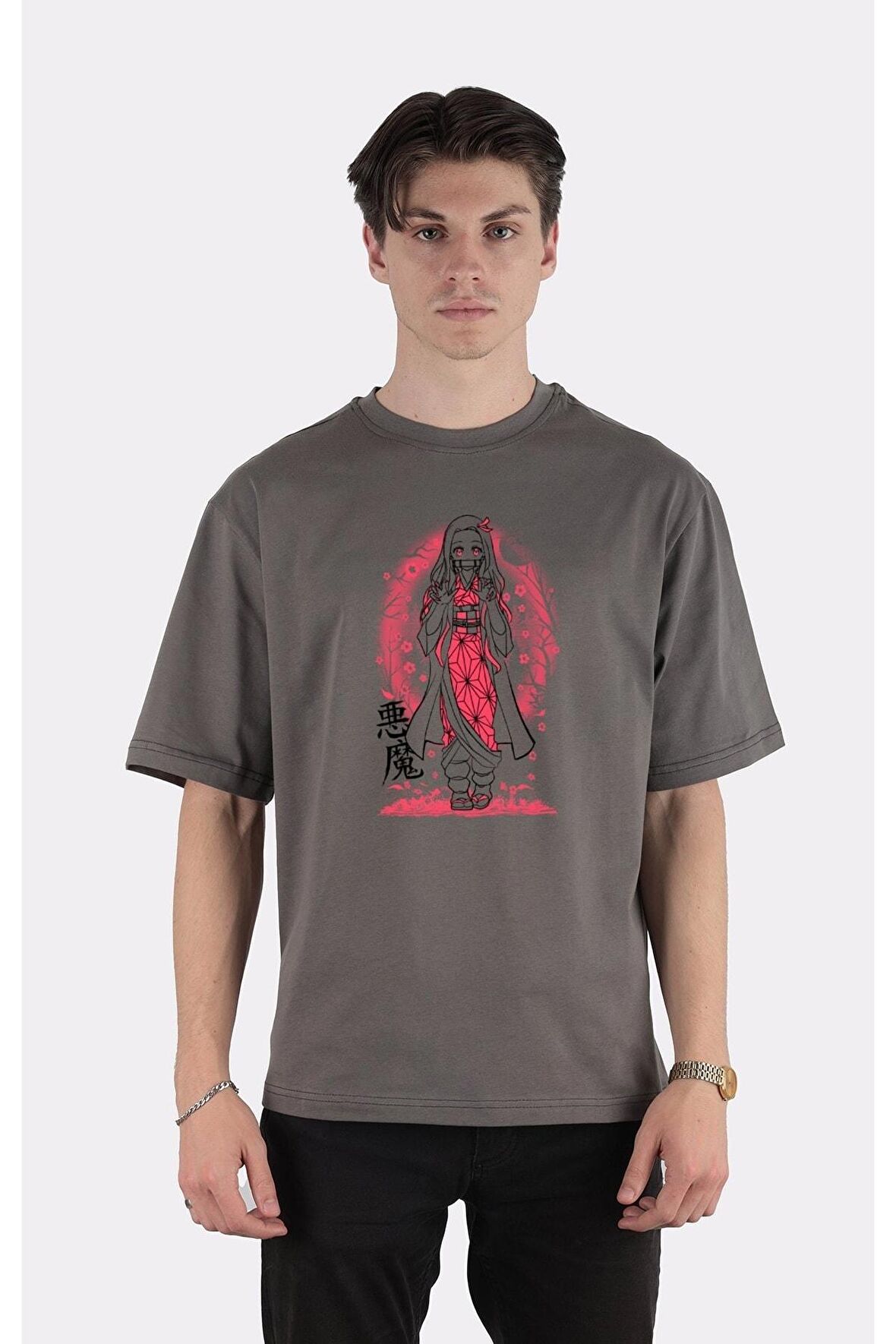Füme %100 Pamuk Bisiklet Yaka Oversize T-shirt Demon Sister Nezuko
