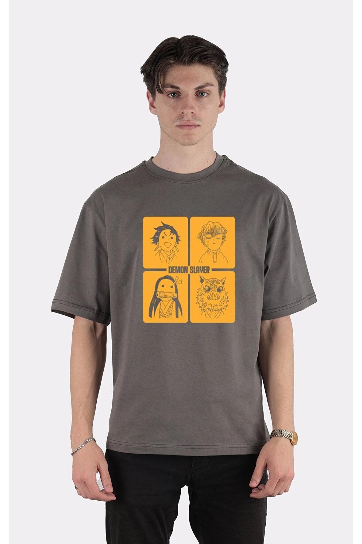 Füme %100 Pamuk Bisiklet Yaka Oversize T-shirt Demon Slayer Corps