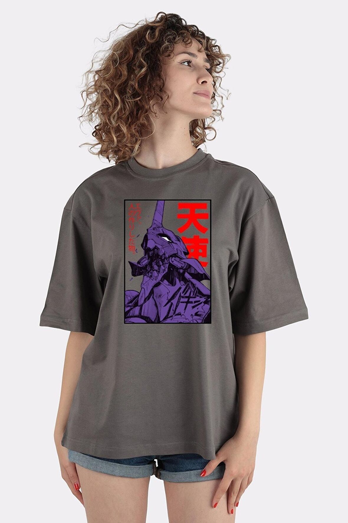 Füme %100 Pamuk Bisiklet Yaka Oversize T-shirt Eva 01 Evangelion