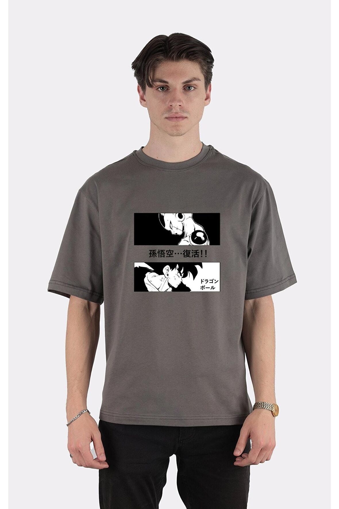 Füme %100 Pamuk Bisiklet Yaka Oversize T-shirt Frieza Vs Goku