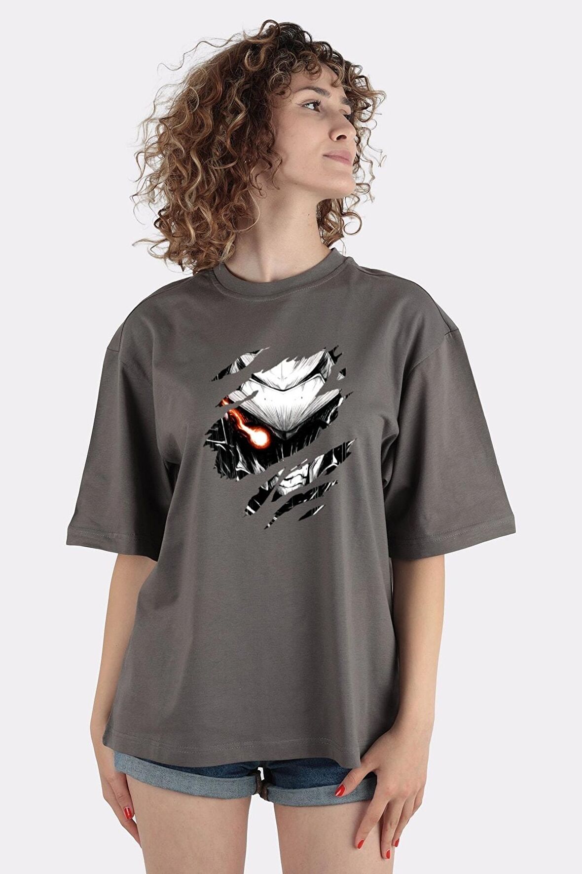 Füme %100 Pamuk Bisiklet Yaka Oversize T-shirt Goblin Slayer