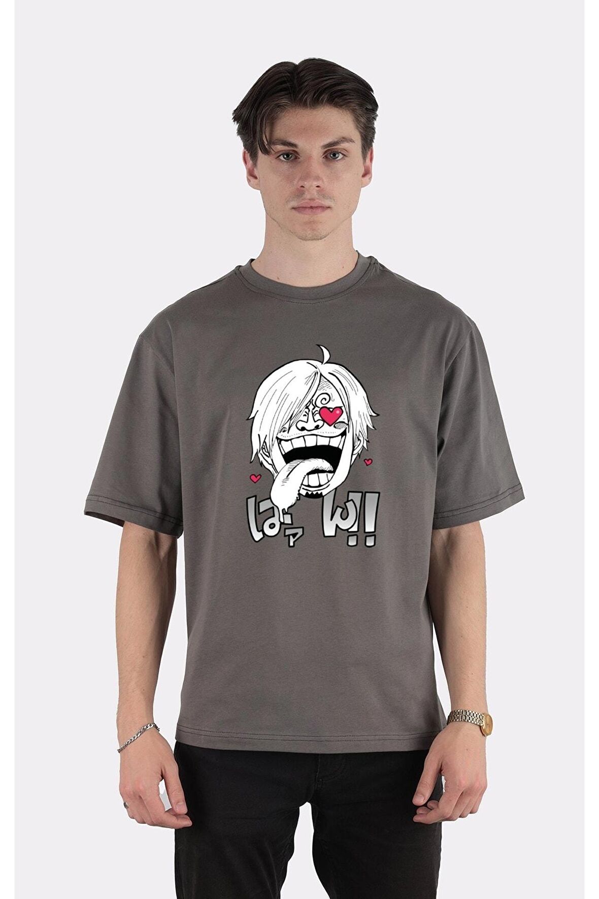 Füme %100 Pamuk Bisiklet Yaka Oversize T-shirt In Love