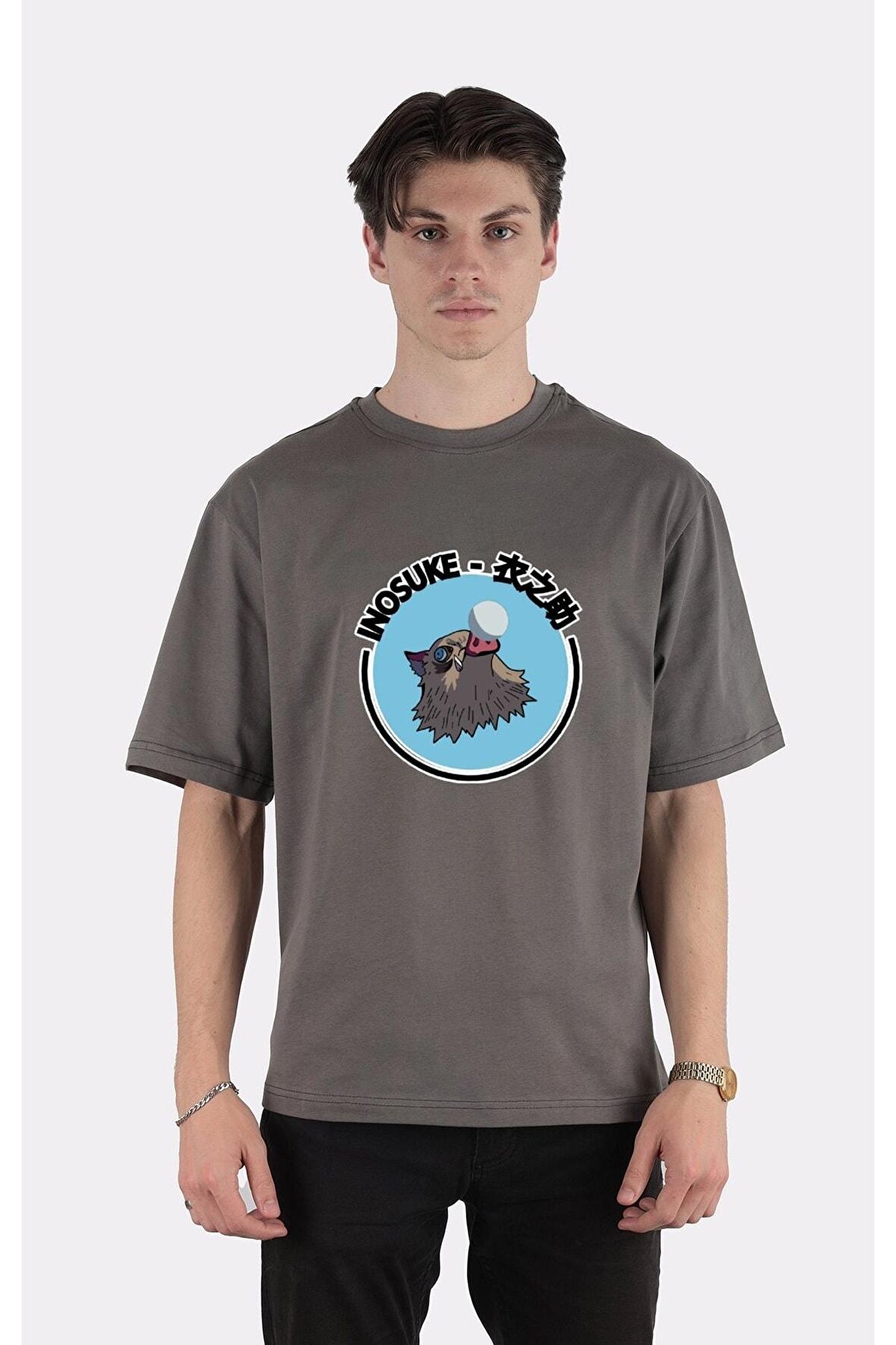 Füme %100 Pamuk Bisiklet Yaka Oversize T-shirt Inosuke Demon Slayer Kimetsu No Yaiba
