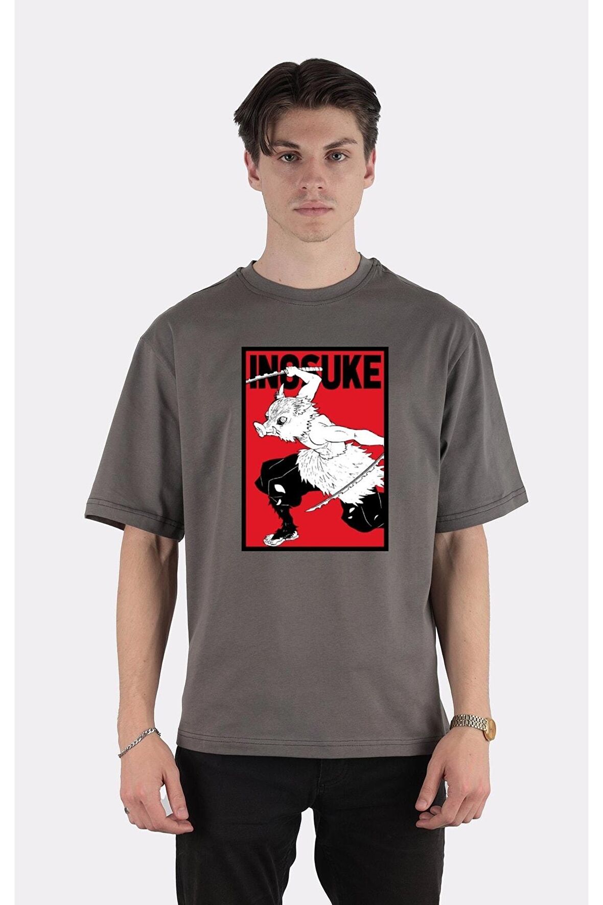 Füme %100 Pamuk Bisiklet Yaka Oversize T-shirt Inosuke