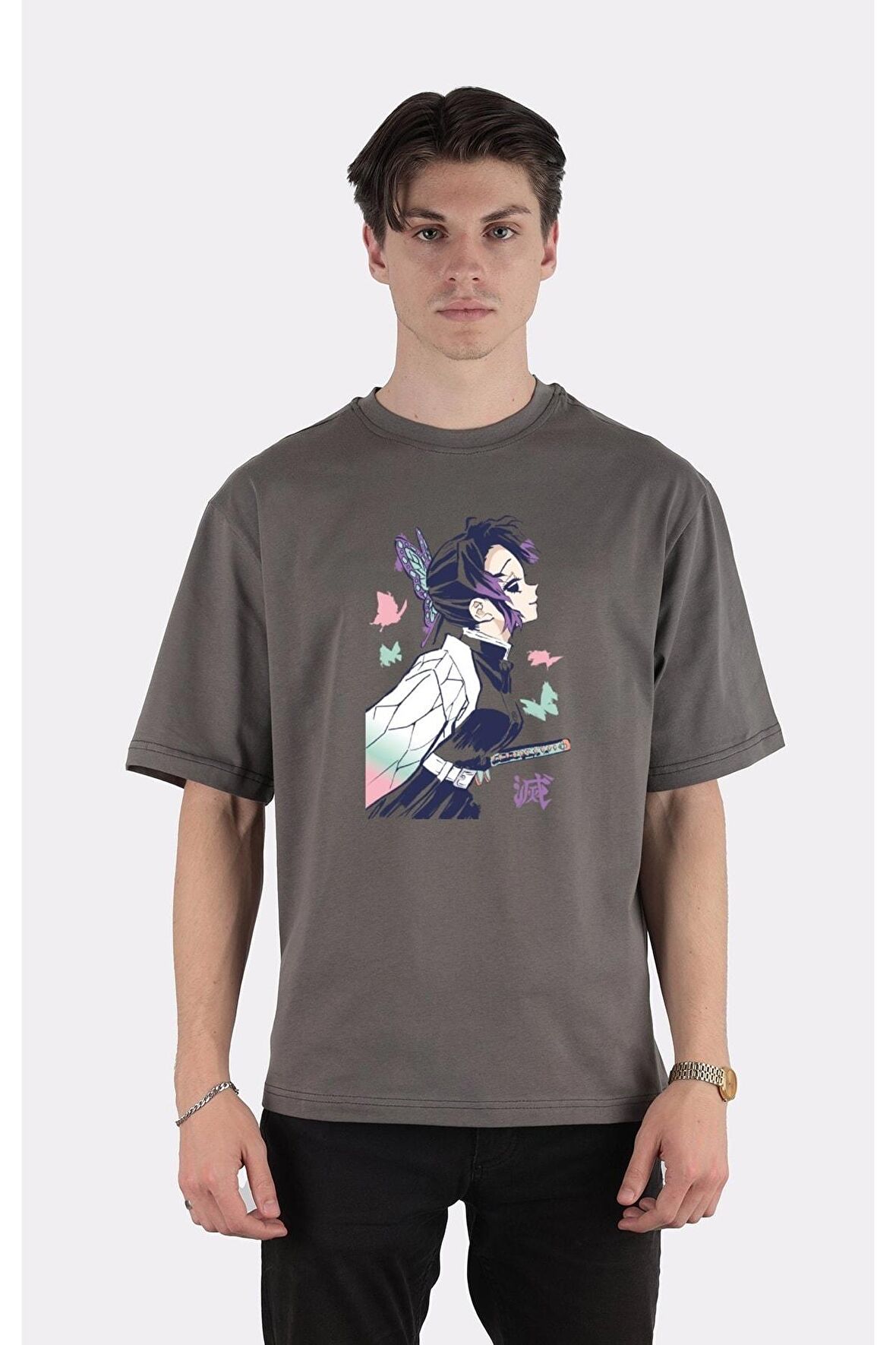 Füme %100 Pamuk Bisiklet Yaka Oversize T-shirt Insect Pillar