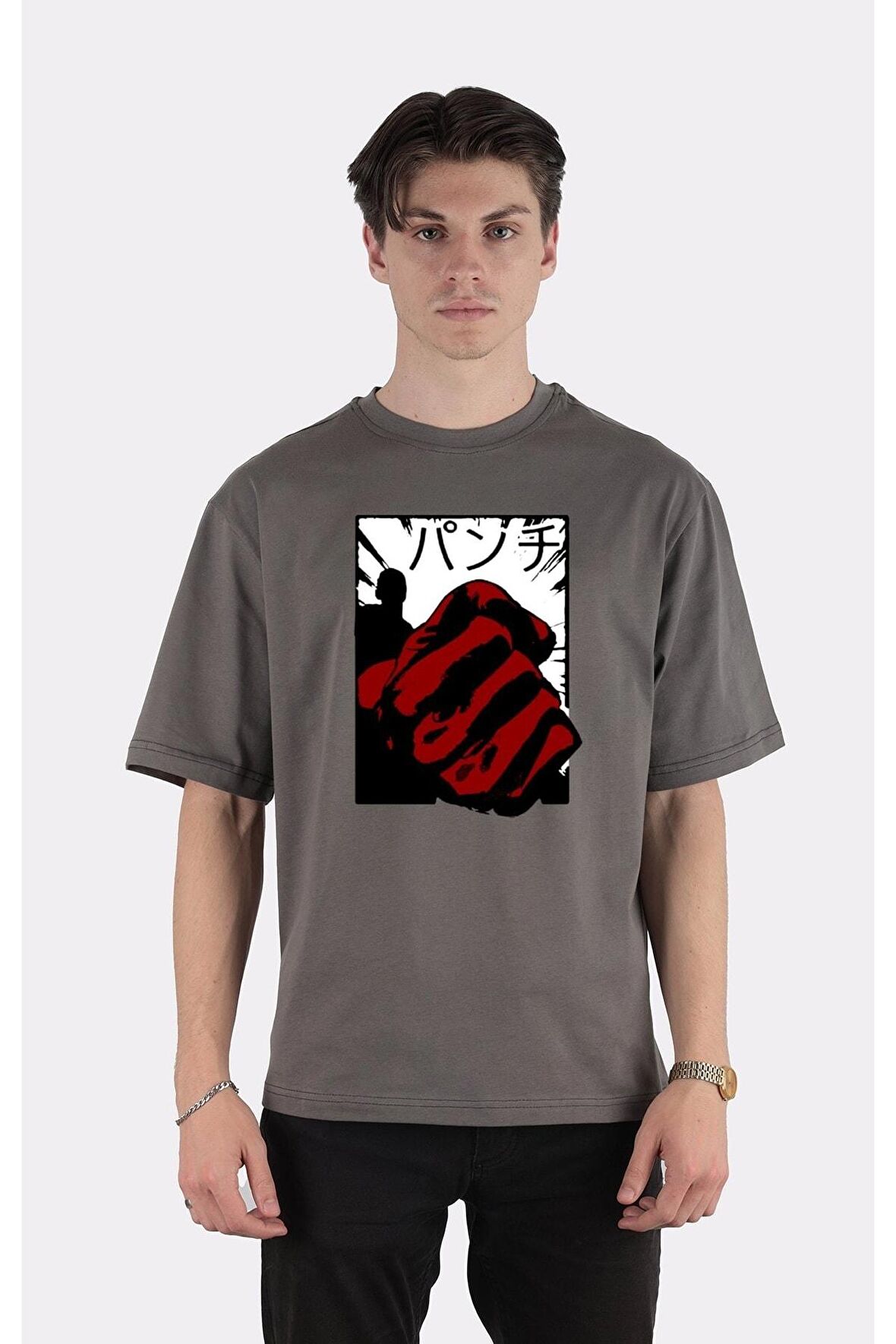 Füme %100 Pamuk Bisiklet Yaka Oversize T-shirt One Punch Man - Saitama