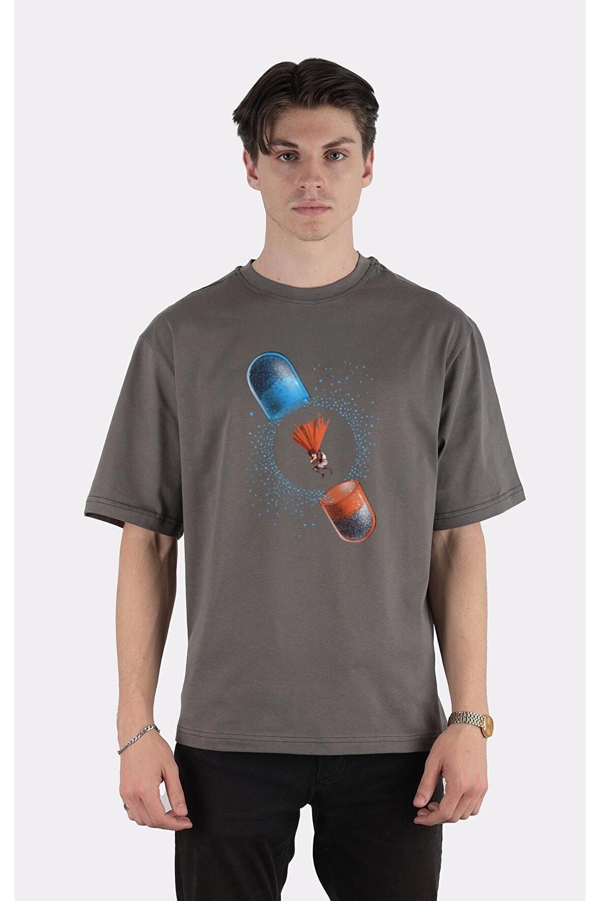 Füme %100 Pamuk Bisiklet Yaka Oversize T-shirt Powerfull Pills