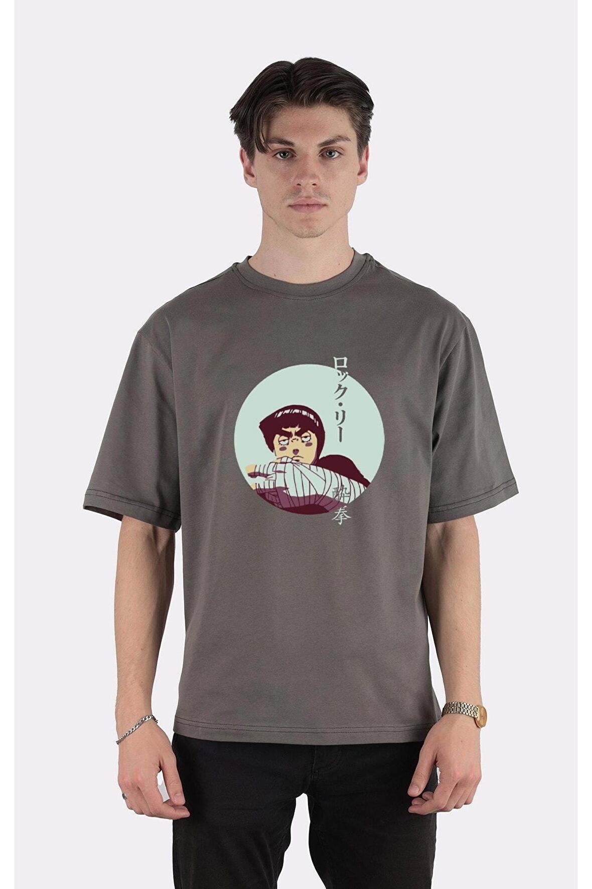 Füme %100 Pamuk Bisiklet Yaka Oversize T-shirt Rock Lee - Drunken Fist