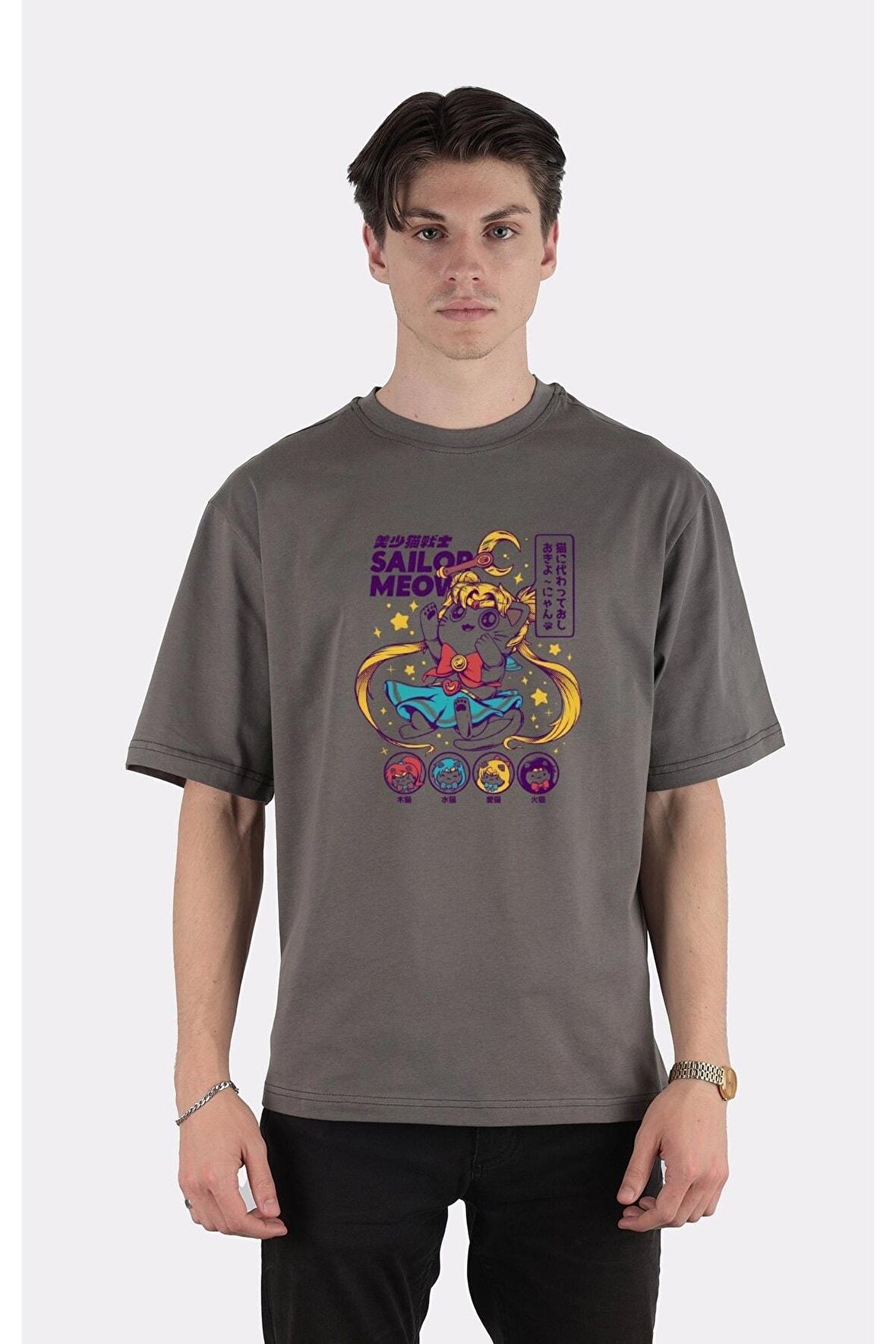 Füme %100 Pamuk Bisiklet Yaka Oversize T-shirt Sailor Meow