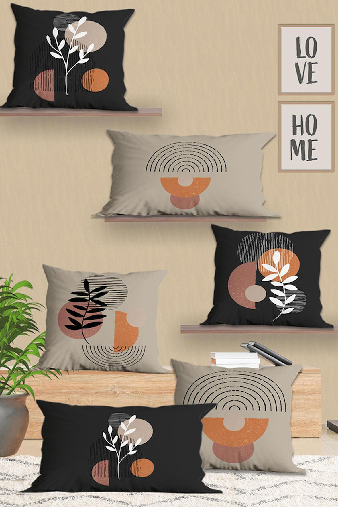 Modern Tasarım 6'lı Çift Tarafı Dijital Baskılı Dikdörtgen 30x50 Ve 43x43 Kare Kırlent Kılıfı Seti