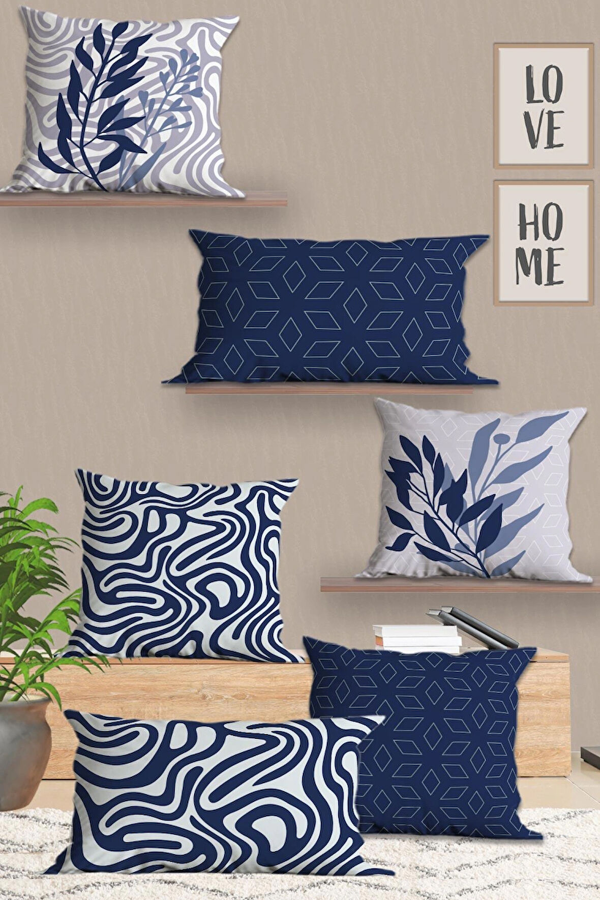 6’li Lacivert Beyaz, Dikdörtgen, Çift Tarafı Dijital Baskı, Yastık kılıfı,Kırlent Kılıfı, Fermuarlı