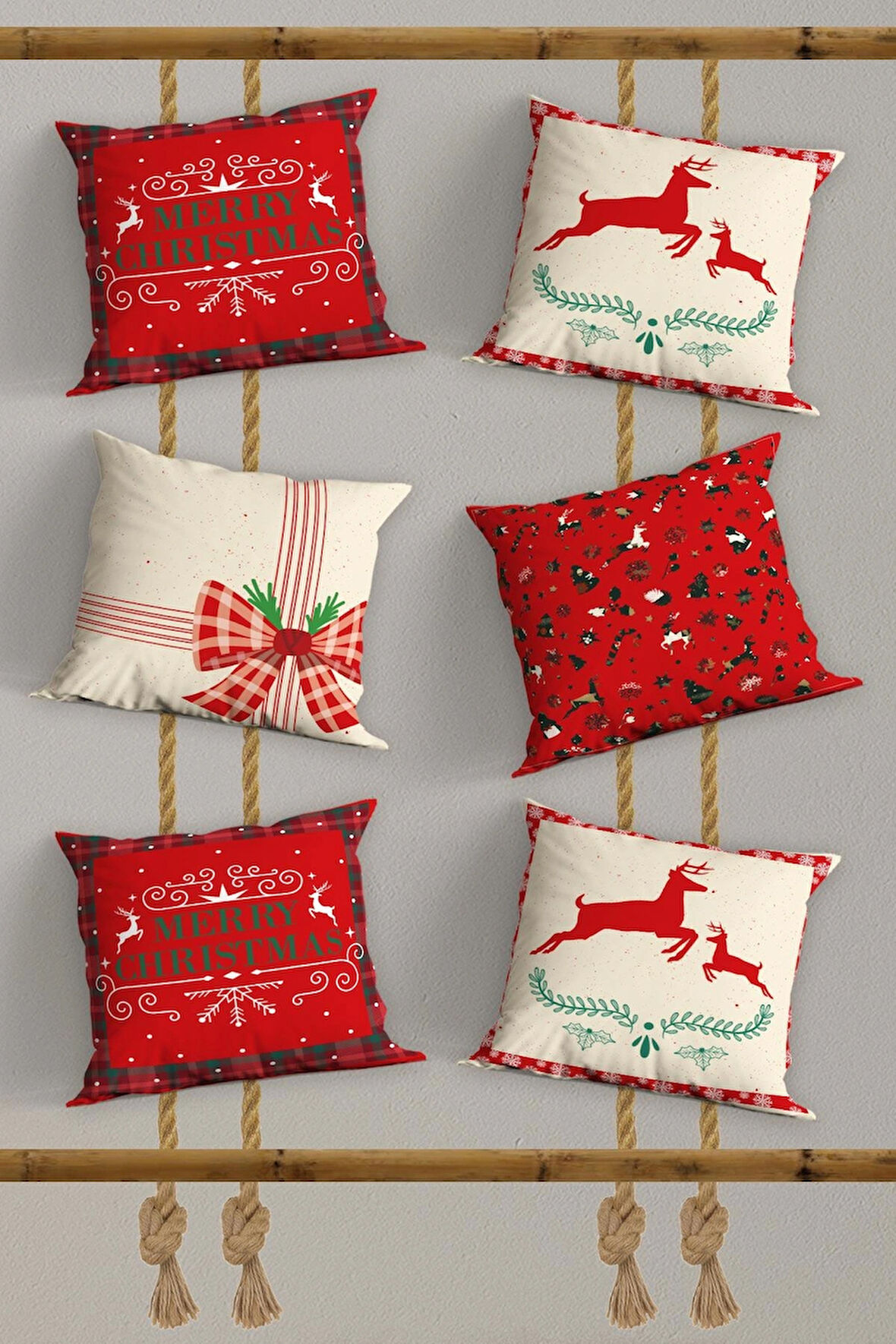 6’li Yılbaşı Desenli, Dekoratif Çift Tarafı Dijital Baskı, Yastık kılıfı, Kırlent Kılıfı, Fermuarlı