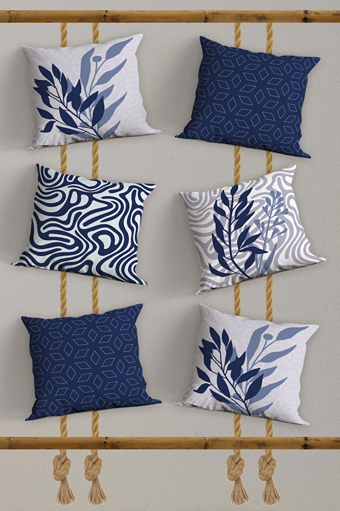 6’li Lacivert Beyaz, Dekoratif Çift Tarafı Dijital Baskı, Yastık kılıfı, Kırlent Kılıfı, Fermuarlı