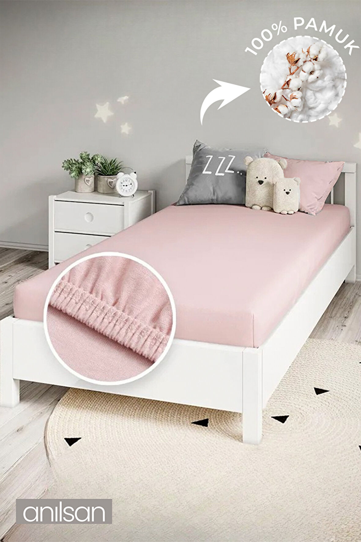 Düz Pudra Bebek Lastikli Yatak Çarşafı %100 Pamuklu 70x140 