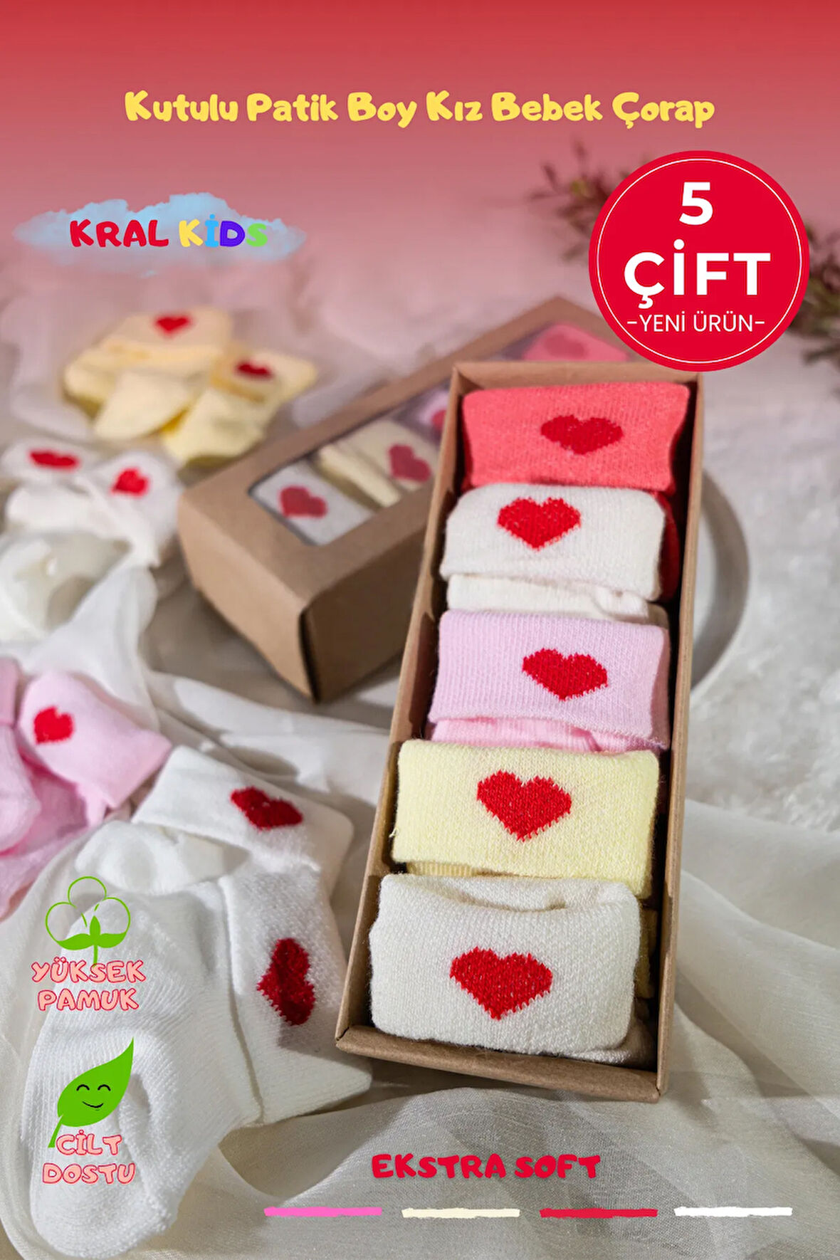 Kız Bebek Çorap Seti 5 Çift – Kalp Desenli – Kutulu – Patik Boy – Pamuk