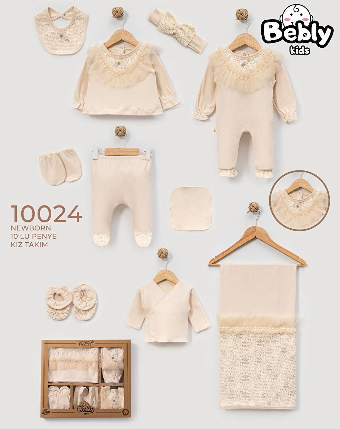 KIZ BEBEK ORGANİK MÜSLİN KUMAŞ NEWBORN 10 LU DANTELLİ NAKIŞLI TAKIM SETİ 0-3 AY