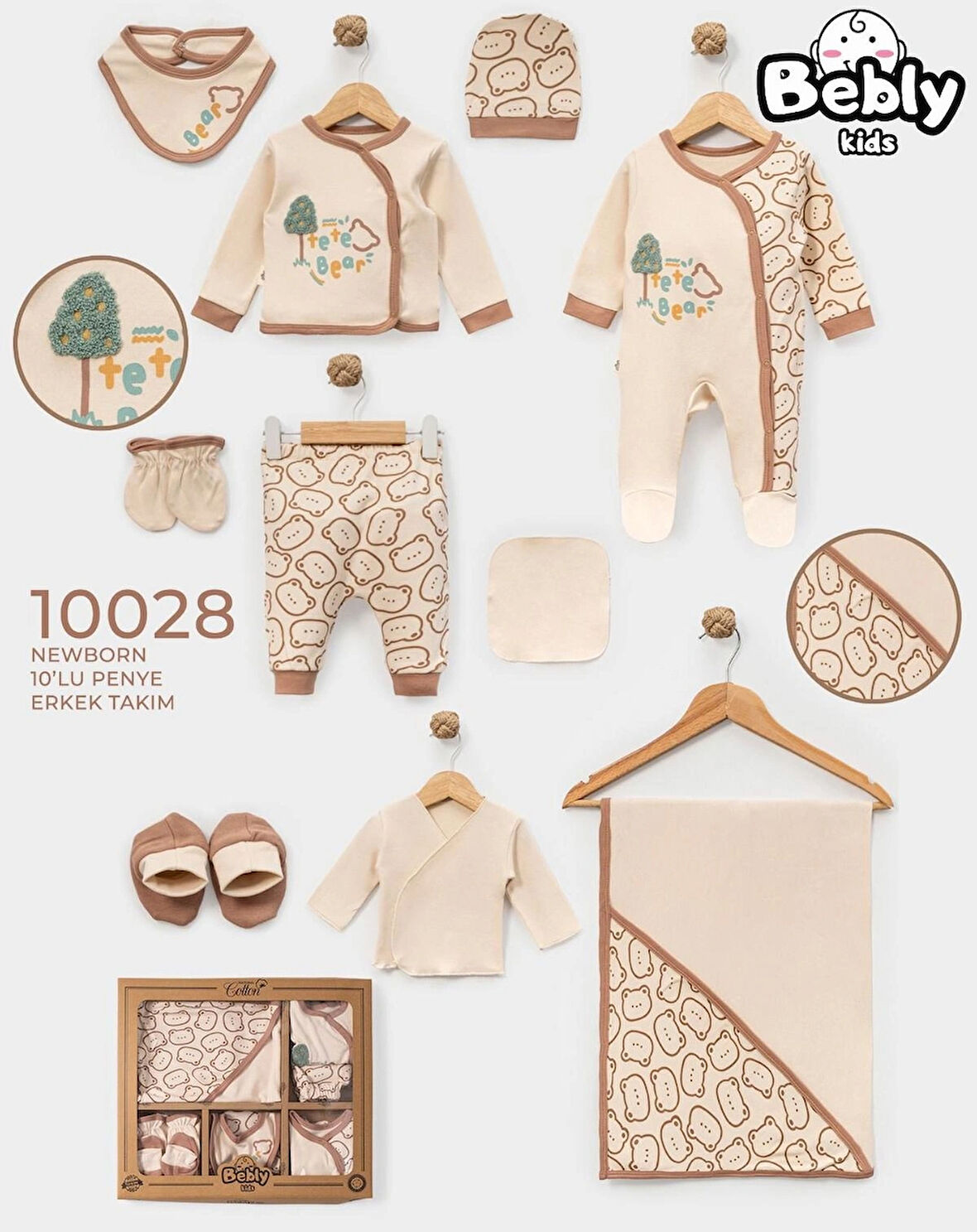 ERKEK BEBEK 0-3 AY ORGANİK MÜSLİN KUMAŞ NEWBORN AYICIK NAKIŞLI 10 LU SET