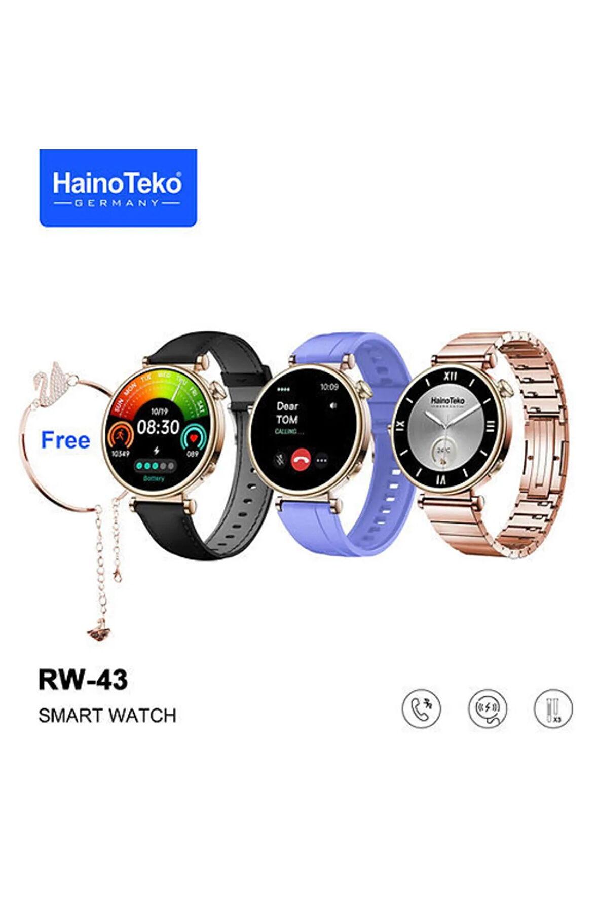 Haino Teko Germany RW-43 Amoled Ekran 3 Kordon Bileklik Hediyeli Akıllı Saat