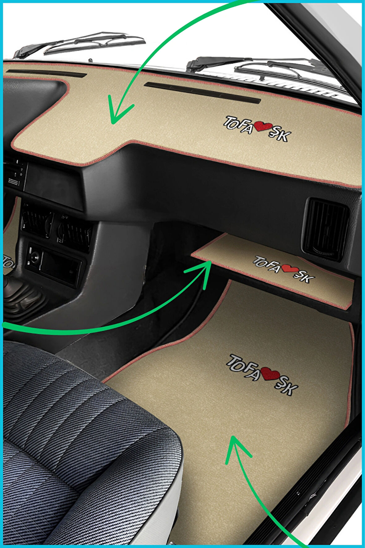 Tofaş Şahin Doğan Kartal Bej Renk Nakışlı Alçak Torpido Halısı & Alt Sehpa Örtüsü - Oto Halı Paspas