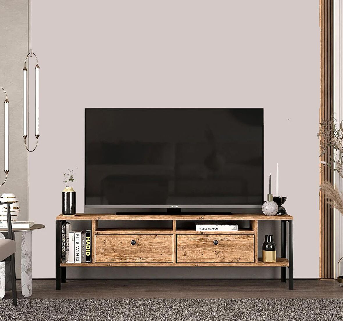 Alaluna Metal Ayaklı Atlantik Çam 160 Cm Tv Ünitesi