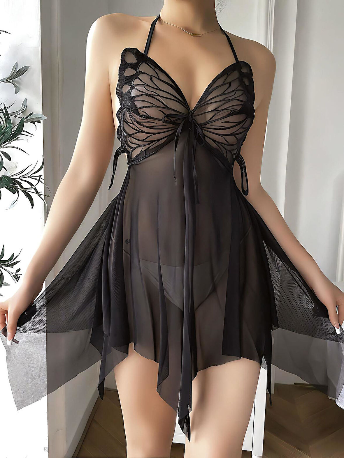 Göğüs Kelebek Detaylı Fantezi Tül Siyah Gecelik