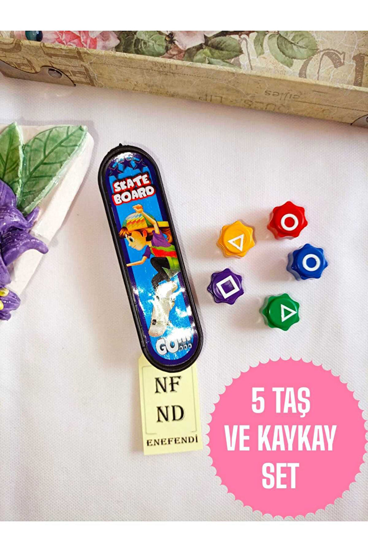 5 Taş Ve Parmak Kaykay Set Squıd Game Oyun Taşları Renkli Poşetli 1 Adet Kaykay 5 Adet Taş