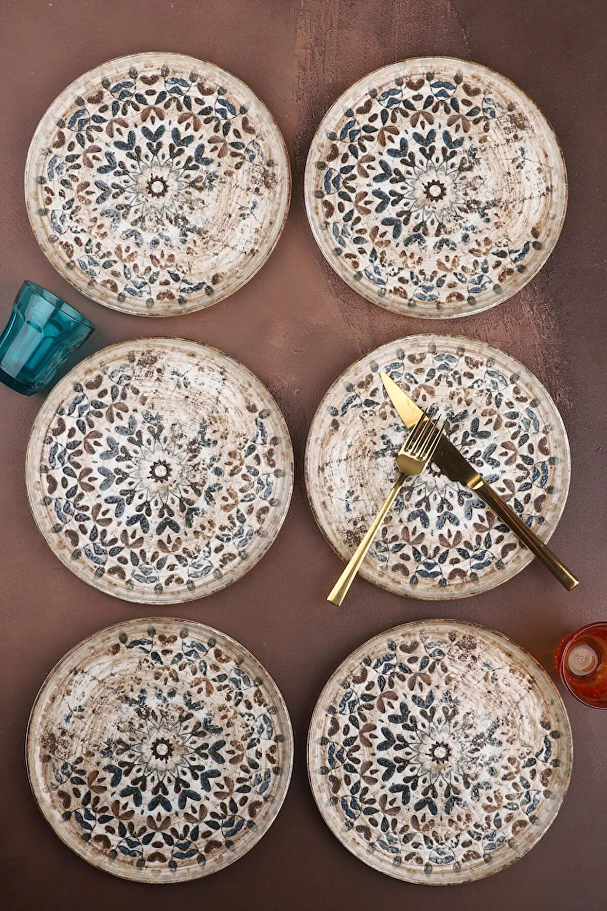 Porselen 6'lı Antik Desen Dijital Baskı Pasta Tabağı 20 Cm