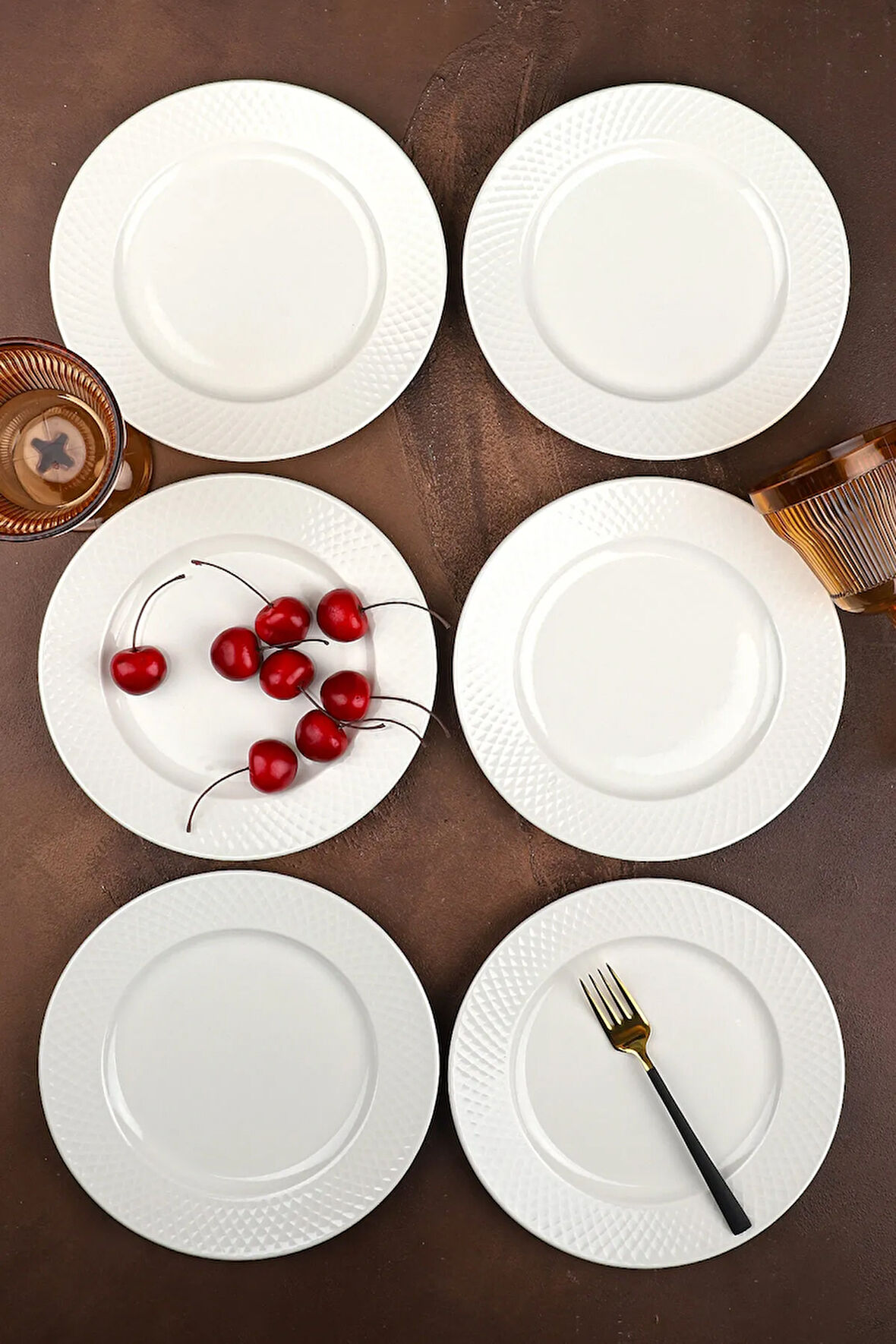 Porselen 6'lı Oslo Beyaz Kabartma Detaylı Pasta Tabağı 20 Cm