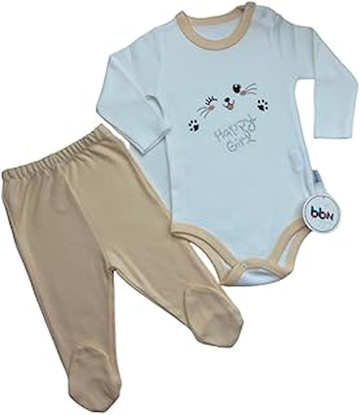 Mebs Clothing Bon & Bon OUR Kız Bebek Body Takım, Pudra Body, Kedi Baskılı ve Taş Süslemeli, Çıtçıtlı