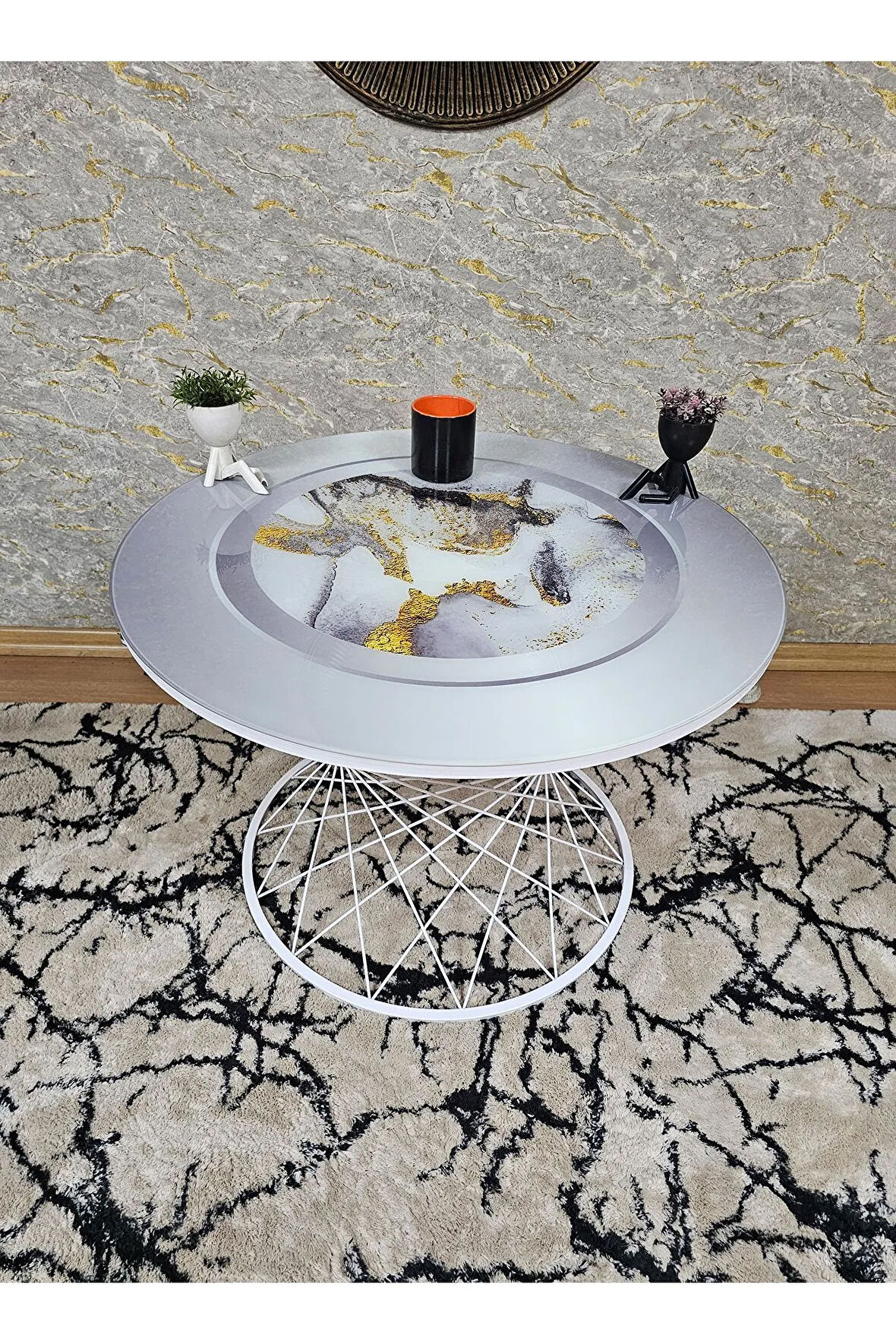 Beyaz Statik Fırınlı Boya Gri Mermer Temperli Baskılı Cam Pota Orta Sehpa - Orta Sehpa